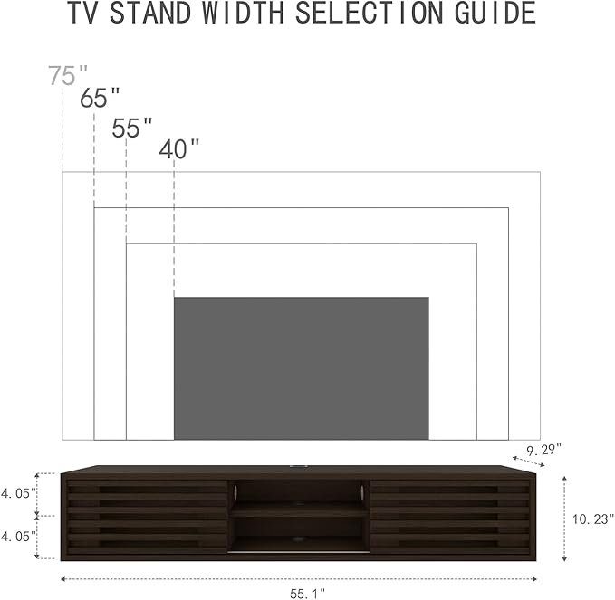 55" Floating TV Stand with Slatted Sliding Doors, Mid-Century Modern Wall Mounted Entertainment Center, Walnut Media Floating tv Console for 75 TV, Space-Saving Cable Management