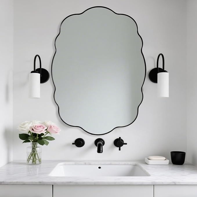 ANDY STAR Matte Black Scalloped Wall Mirror -24x36 Irregular Bathroom Vanity Mirror for Vanity, Living Room & Entryway, Anti Rust Stainless Steel Wall Mount Horizontal or Vertical