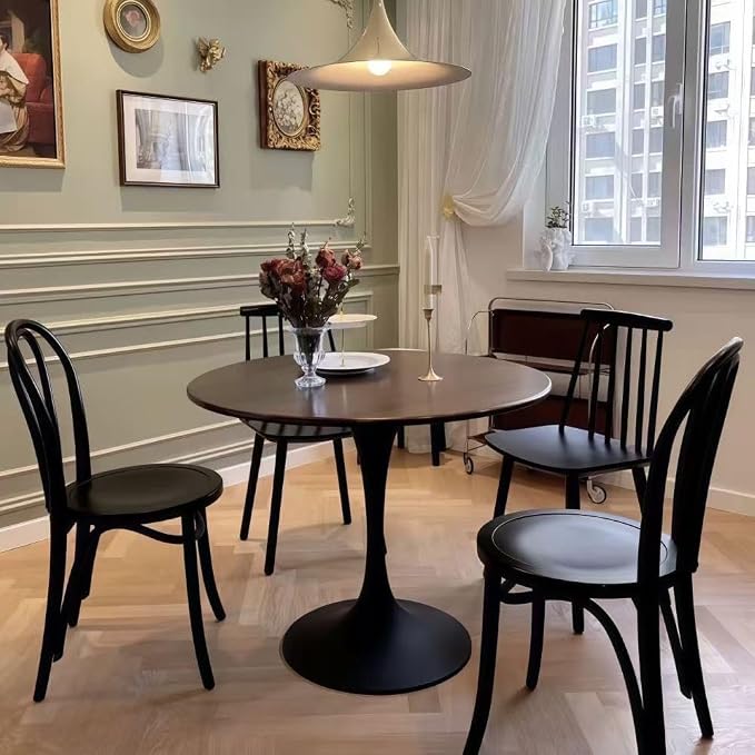 31.5 Inch Walnut Round Tulip Dining Table, Mid-Century Modern MDF Top Pedestal Kitchen Table, Small Space Leisure Coffee Table for Living Room Balcony Home Office