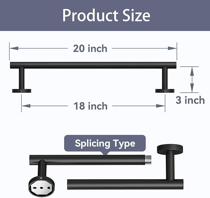 2 Pack Matte Black Towel Bar, 18 Inch Bathroom Towel Rack, Towel Holder Wall Mounted, Thicken SUS304 Stainless Steel Towel Rod Modern Home Decor (Total Length 20-Inch)