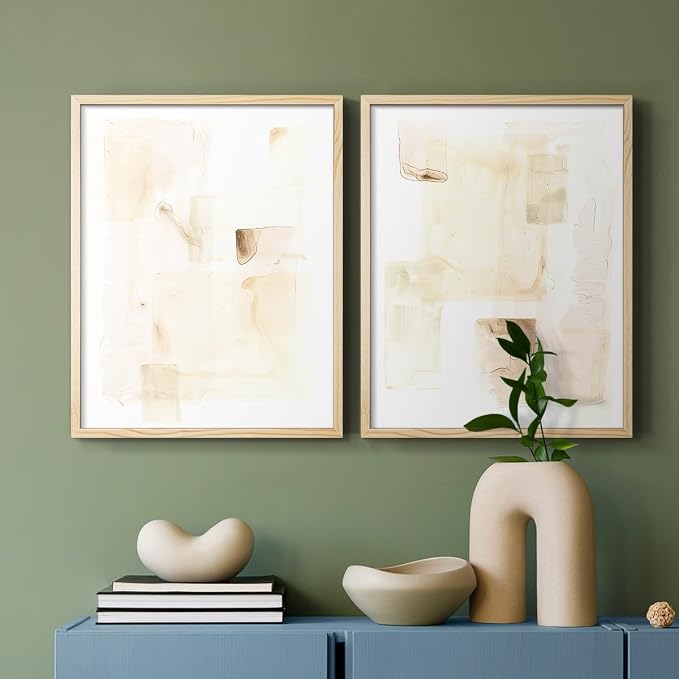 Renditions Gallery Set of 2 Peel & Stick Framed Prints, Abstract Wall Art, Mixed Handmade Oil Painting Wall Decor, Re-Stickable - Ready to Hang - 11"x14" - NATURAL WOOD Frame LT588