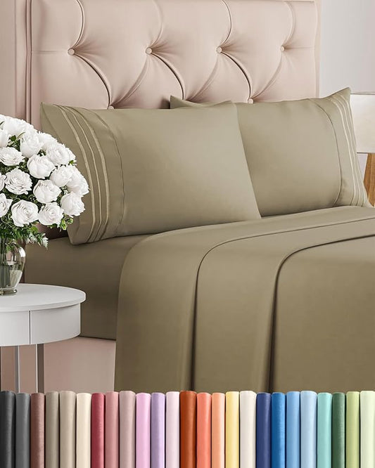 Cal King Size 4 Piece Sheet Set - Comfy Breathable & Cooling Sheets - Hotel Luxury Bed Sheets for Women & Men - Deep Pockets, Easy-Fit, Extra Soft & Wrinkle Free Sheets - Khaki Oeko-Tex Bed Sheet Set