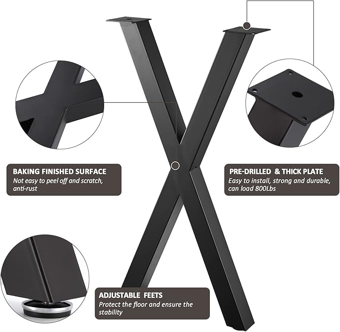 28 Inch X-Shape Table Legs - Metal Coffee Table Legs, Steel Desk Legs for DIY Furniture Dining Table, Set of 2, Black
