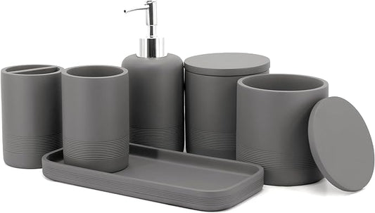 ZCCZ Gray Bathroom Accessories Set 6 Pieces - Toothbrush Holder, Lotion Dispenser, Qtip Container, Vanity Tray, Tumbler - Countertop Organizer for Bathrooms - Elegant and Functional Décor Set