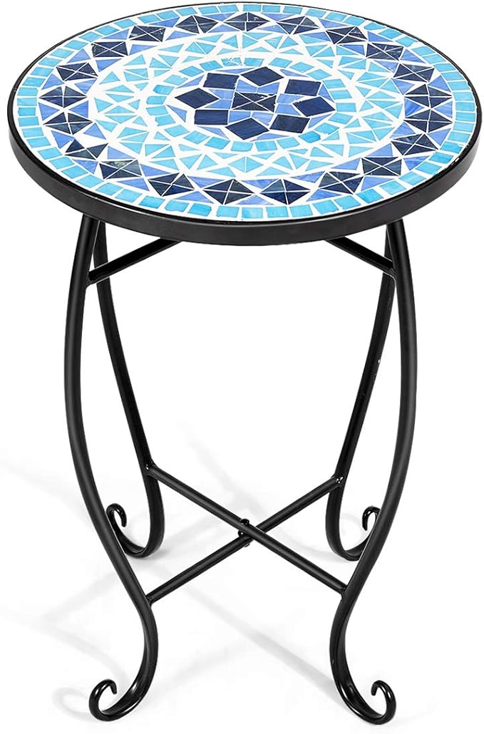 Giantex Outdoor Side Table, Mosaic Patio Table, 14inch Accent Table Plant Stand Indoor, Ceramic Tile Top Metal Frame, Small End Table Porch Beach Patio Garden Balcony Poolside