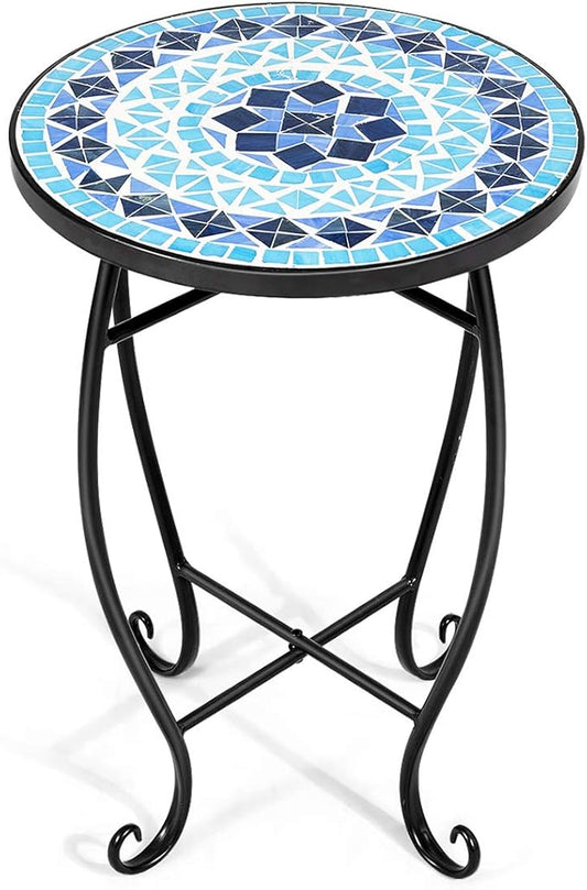 Giantex Outdoor Side Table, Mosaic Patio Table, 14inch Accent Table Plant Stand Indoor, Ceramic Tile Top Metal Frame, Small End Table Porch Beach Patio Garden Balcony Poolside