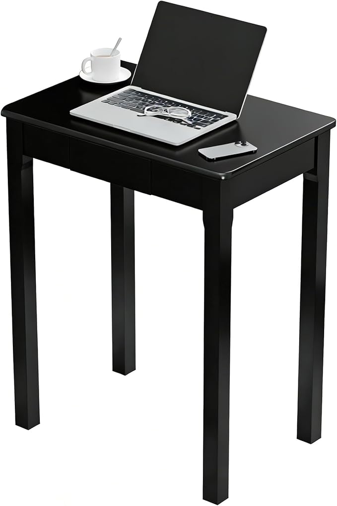 Solid Wood Desk with Drawers - 24 x 16 Inch Simple Narrow Desks, Rubber Wood Study Table, Small Writing Desk for Small Spaces|Bedroom - Modern Black Desks