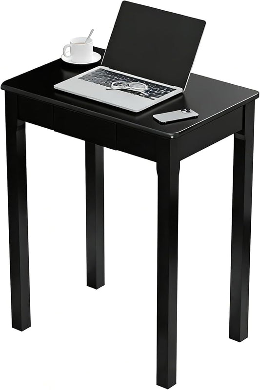 Solid Wood Desk with Drawers - 24 x 16 Inch Simple Narrow Desks, Rubber Wood Study Table, Small Writing Desk for Small Spaces|Bedroom - Modern Black Desks