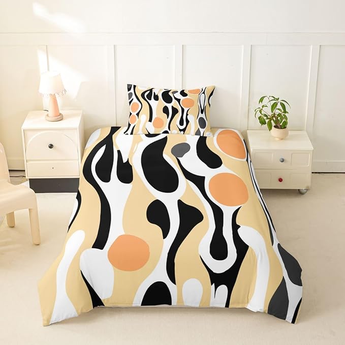 Erosebridal Organic Abstract Duvet Cover Set Modern Contemporary Twin Bedding Sets for Girls Tween Boys Boho Mid Century Wavy Lines Comforter Cover Retro Geometric Bed Set,Light Beige Peach