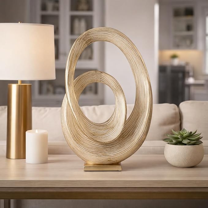 Abstract Ring Art Home Decor Sculpture Figurine - Modern Table Accent for Coffee Table and Room Display - Oval Ornament for Living Room, Bathroom, Office or Shelf Use - 20", Gold & Metallic