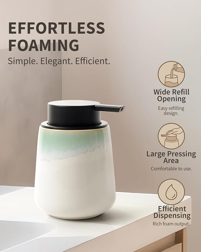 BosilunLife Foam Hand Soap Dispenser - 12 oz Bathroom Hand Pump Dispenser Foaming Soap Dispenser Ceramic Dish Wash Dispenser for Kitchen, White with Blue-Green Rim
