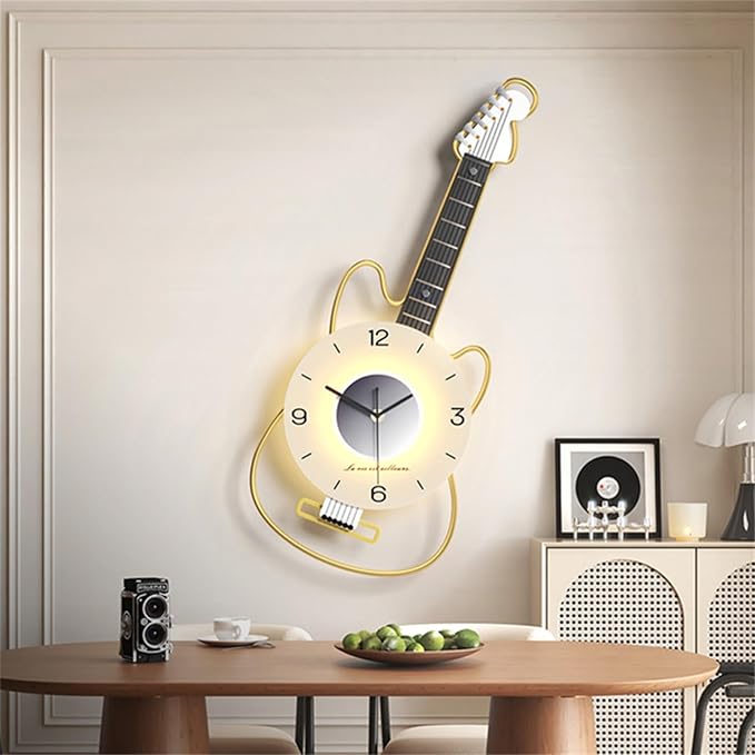 Guitar Wall Clock with Adjustable Light, Silent Clock Movement and Battery Operated, Great Decor for Music Room, Bedroom,Living Room
