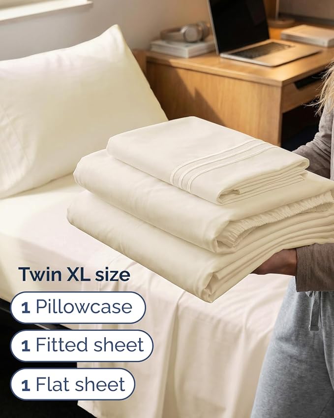 Twin XL Size 3 Piece Sheet Set - Comfy Breathable & Cooling Sheets - Hotel Luxury Bed Sheets for Women & Men - Deep Pockets, Easy-Fit, Soft and Wrinkle Free Sheets - Off White Oeko-Tex Bed Sheet Set