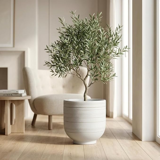 Large White Ceramic Planter for Indoor Trees, Modern Indoor Floor Planter Pot for Olive Trees & Faux Olive Trees, Pottery Planter with Drainage for Real Plants