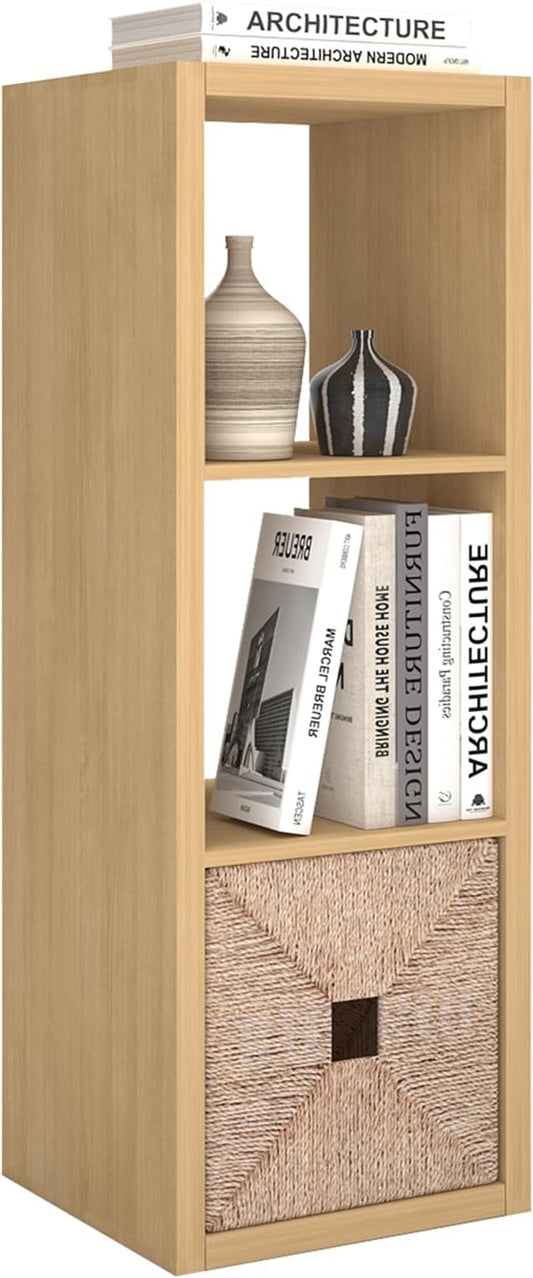 CTESNE【2026 Wooden Thick Frame 3 Cube Storage Organizer Shelf with Anti-Tipping Kits + Reversible Open Back Bookcase, Horizontal and Vertical Dual-use（Oak Color,11inch）