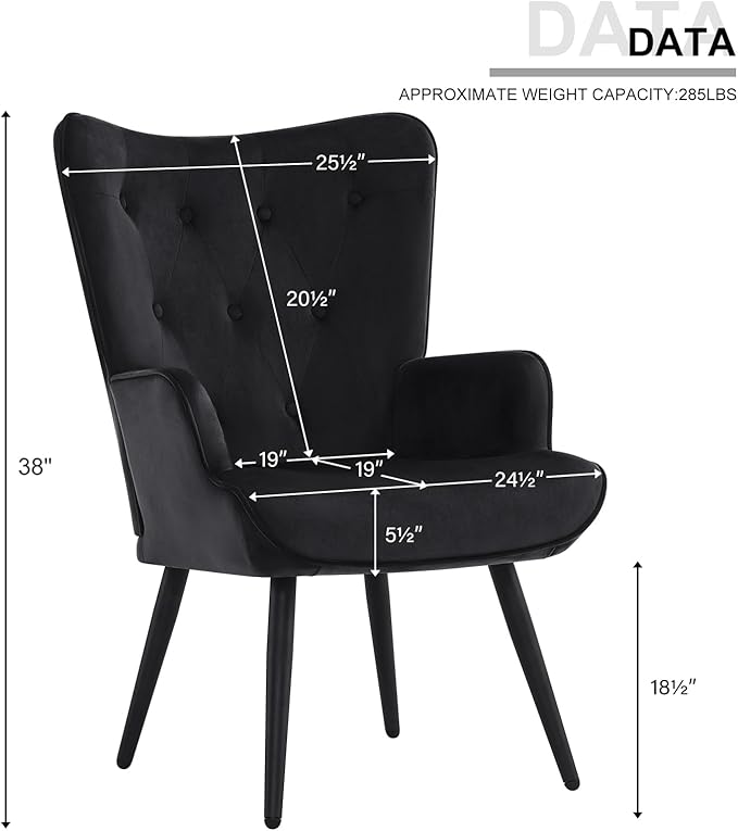 Furnimart Faux Fur Black Accent Chair Wing Back Modern Living Room Chairs, Comfy Armchair Leisure Vanity Guest Chair for Office Vanity Bedroom Waiting Room Black Faux Fur
