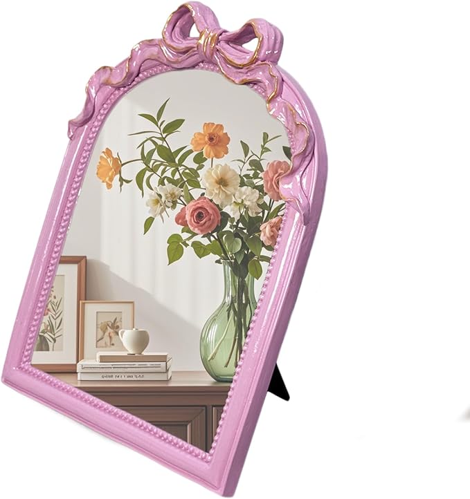 Pink Bow Mirror - 13x10 Inch Elegant Decorative Accent, Wall-Mounted & Tabletop Makeup Mirror for Bedroom Decor