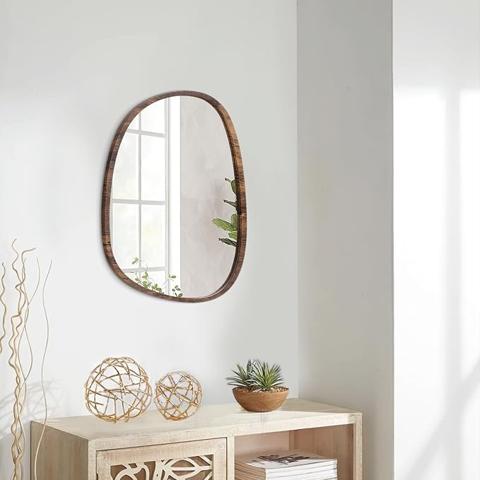 Small Wall Mirror Asymmetrical Irregular Wood Frame Mirror Modern Unique Wall-Mounted Artistic Oval Shape Mirror Decor for Bedroom Living Room Bathroom Vanity Entryway Hallway