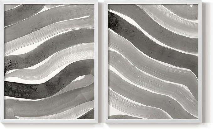 Renditions Gallery Set of 2 Peel & Stick Framed Prints, Watercolor Abstract Wall Art, Black and White Bold Brushstrokes Wall Decor, Re-Stickable - Ready to Hang - 22"x28" - White Frame LT588