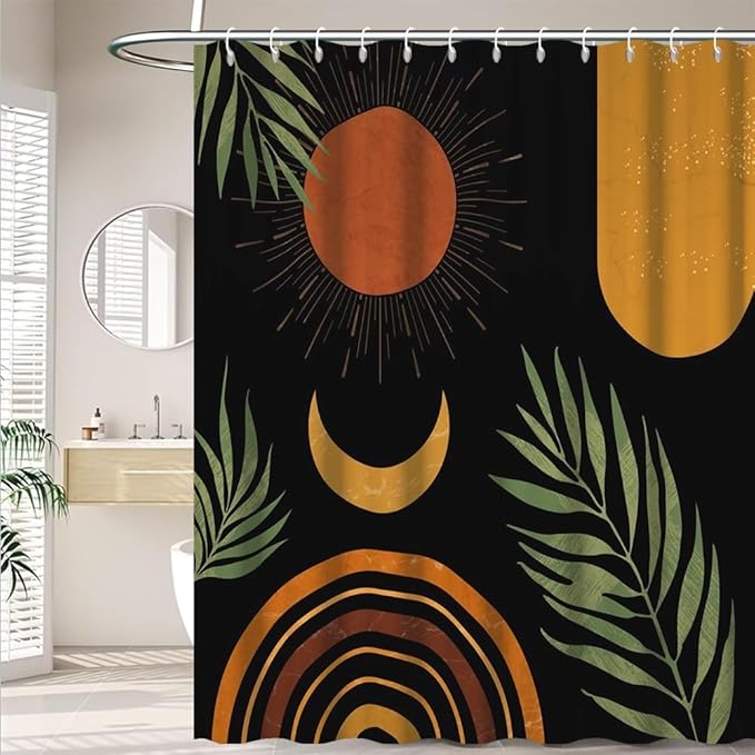 Black Mid Century Boho Shower Curtain for Bathroom Green Leaves Arch Sun Moon Shower Curtains Bohemian Abstract Bathroom Decor Set Washable Waterproof Polyester Fabric with Hooks 70x72 Inch