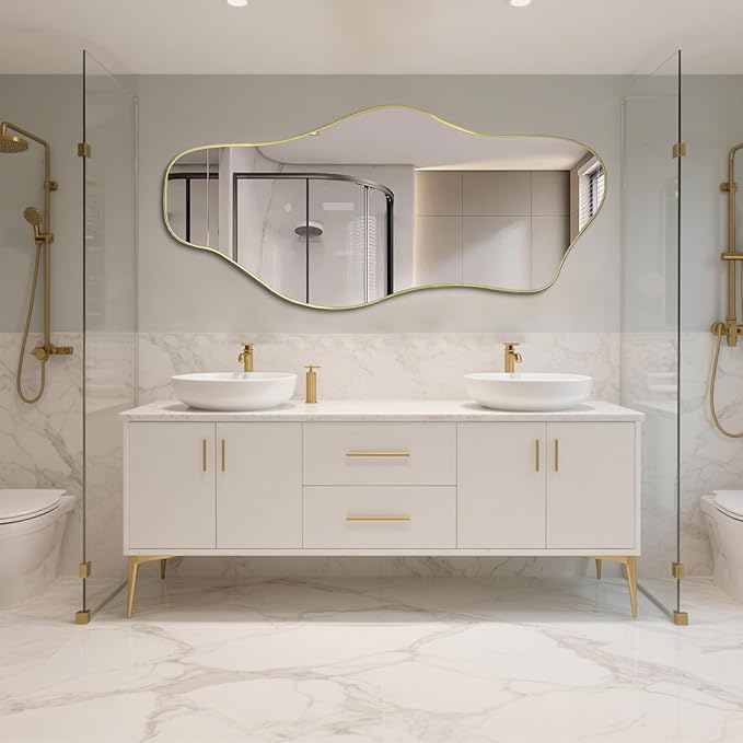Irregular Mirror Full Length, 67"x31" Large Asymmetrical Tempered Glass Mirror for Dressing, Gold Modern Abstract Frameless Wall Mirrors for Living Room Bathroom Bedroom Hallway Entryway