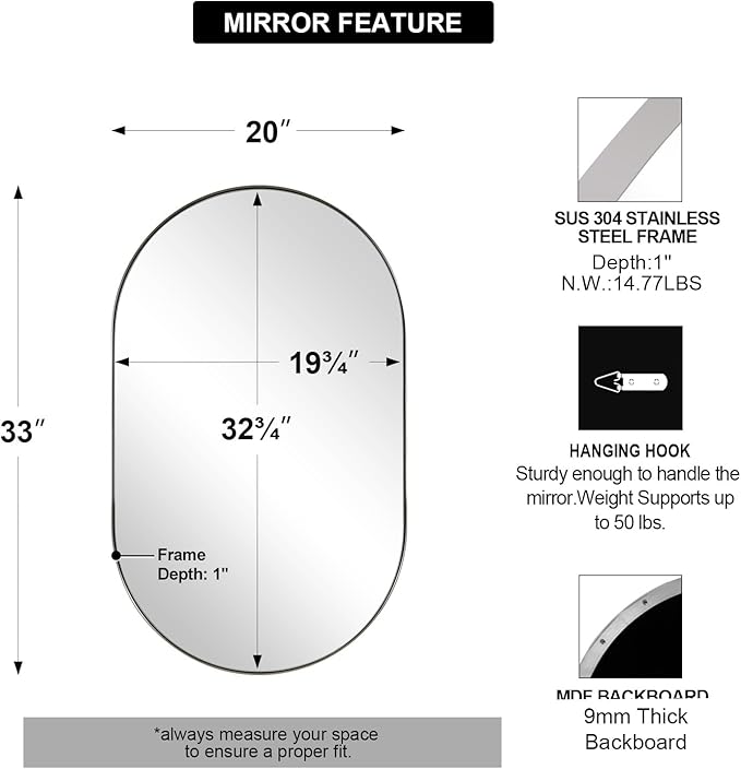 ANDY STAR Chrome Oval Mirror for Bathroom, 20x33 Inch Pill-Shaped Chrome Mirrors for Wall in Thin Frame Deep 1’’ Ideal for Limited Space