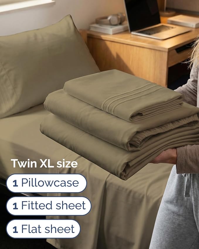 Twin XL Size 3 Piece Sheet Set - Comfy Breathable & Cooling Sheets - Hotel Luxury Bed Sheets for Women & Men - Deep Pockets, Easy-Fit, Extra Soft & Wrinkle Free Sheets - Khaki Oeko-Tex Bed Sheet Set