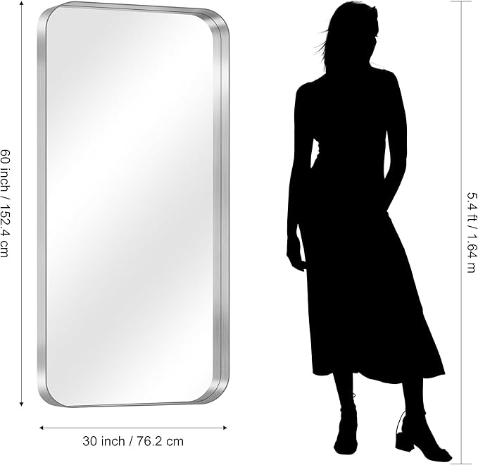 CIRCUMI Silver Bathroom Mirror, 30"x60" Rectangular Mirror with Deep Metal Frame, Rounded Corner, Tempered Glass, Large Mirror for Wall, Over 2 Sinks, Installed Vertically/Horizontally, Crystal-Clear