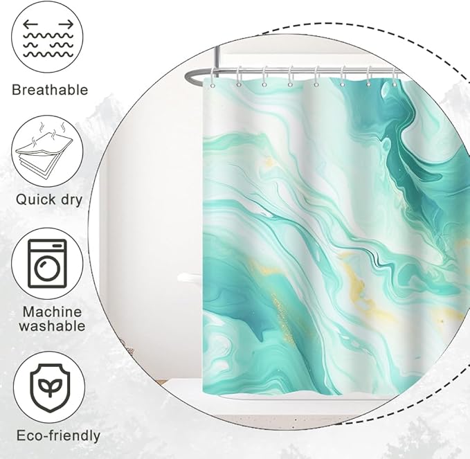 Turquoise Shower Curtain, Modern Teal and Gold Marble Shower Curtain for Bathroom Aesthetic Waterproof Shower Curtain Set with Hooks, 72x78 Inch
