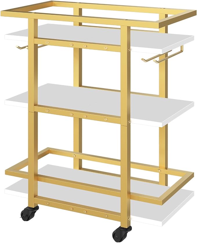 YATINEY 3 Tier Bar Cart, Home Bar Serving Cart with Wheels, Drink Cart with Glass Holder, Beverage Cart, Mobile Kitchen Cart, for Home, Garden, Party, Gold BC19DW