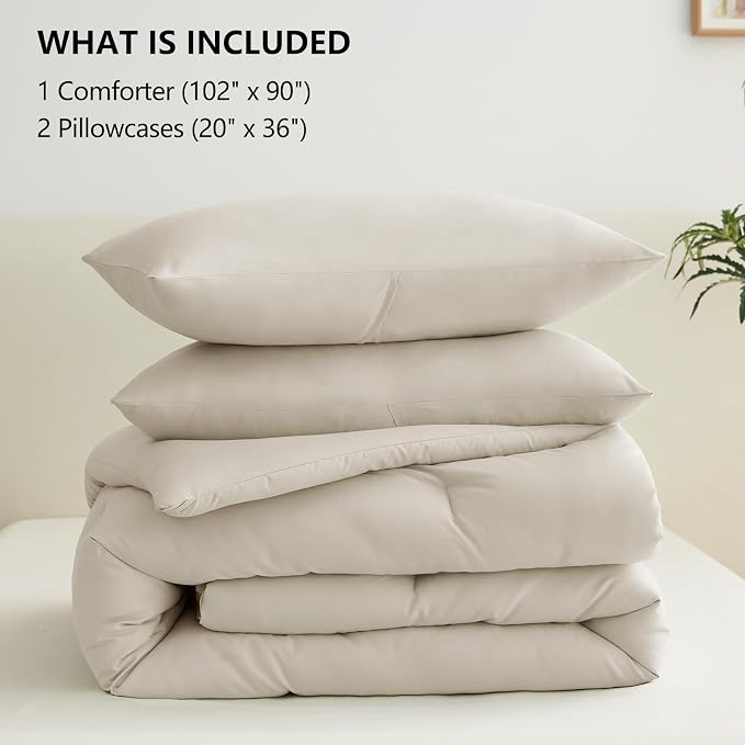 CozyLux King Size Comforter Set Oatmeal, 3 Pieces Lightweight Down Alternative Quilted Bedding Sets, Gray All Season Soft Breathable Solid Comforter with 2 Pillowcases, Luxury Bed Set Gift for Home