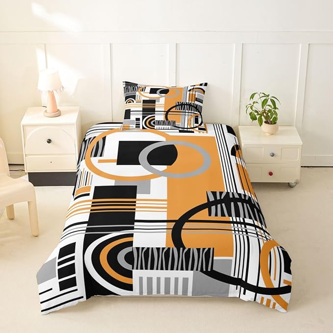 Erosebridal Art Deco Mid Century Duvet Cover Set Retro Modern Abstract Geometric Twin Bedding Sets for Girls Young Boys Black and White Yellow Circles Stripes Comforter Cover Contemporary Bed Set