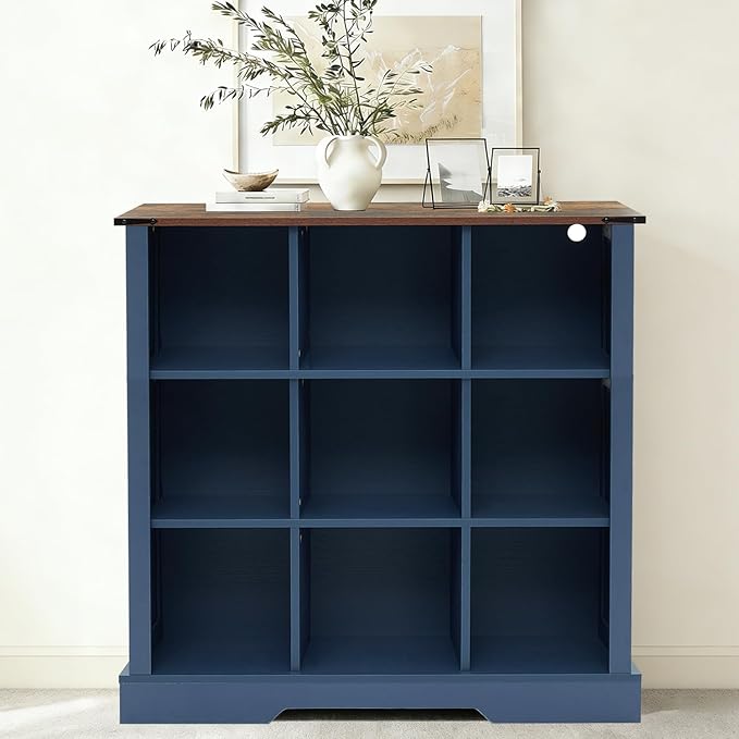 9 Cube Storage Organizer, 3 Tier Book Shelf with Led Lights, Farmhouse Book Shelves for Living Room, Horizontal Toy Storage Bookshelf, Wood Display Bookcase Cabinet for Bedroom, Office, Blue