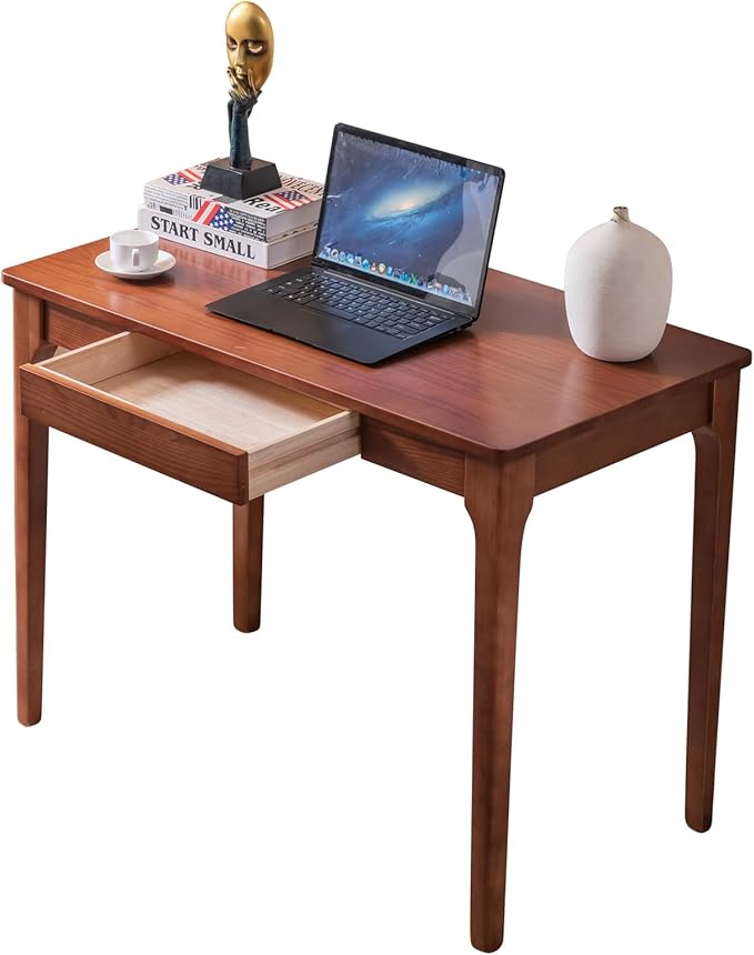 Solid Wood Desk with Drawers, Home Office Desk for Small Spaces, Gaming Work Study Desk, Student PC Desk for Bedroom, Easy to Assemble (Cherry Color, 39.4 inch)
