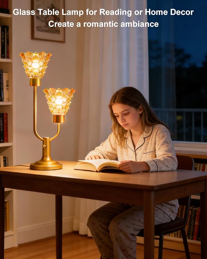 Lightdot Vintage Gold Table Lamp for Bedroom Dimmable Mid Century Modern Desk Lamp Amber Glass Nightstand Lamp 2 Bulbs Included Warmwhite Ambient Bedside Lamps for Living Room Home Office Decor Gift