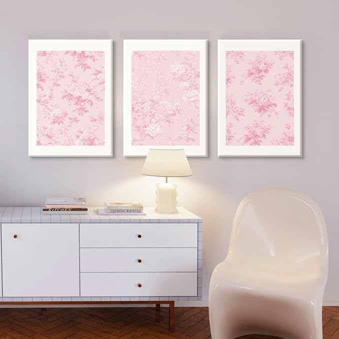 Pink Floral Wall Art Chinoiserie Flower Wall Decor Pictures Aesthetic Canvas Wall Art Love Shack Fancy Poster Vintage Floral Prints for Living Room Bedroom 12x16 Inch Framed Set of 3