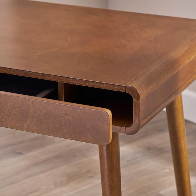 Hassyee Mid-Century Modern Style Writing Desk with Large Drawers, Computer Study Desk with Solid Rubberwood Legs for Home Office Workspace or Entryway (Brown)