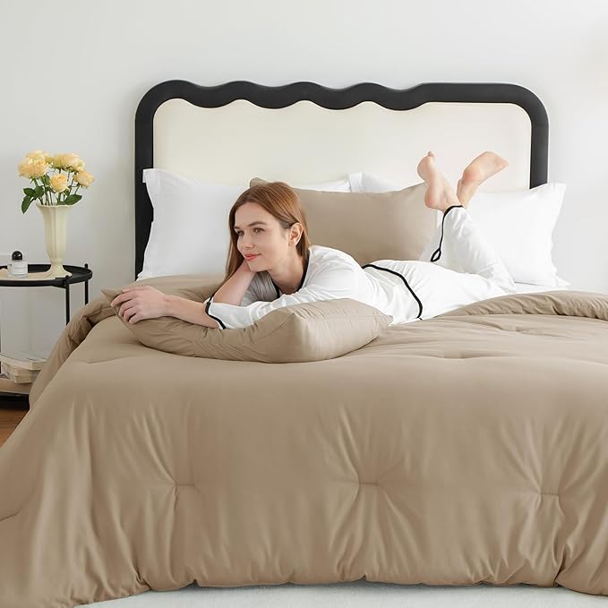 CozyLux King Size Comforter Set Taupe, 3 Pieces Lightweight Down Alternative Quilted Bedding Sets, All Season Soft Breathable Solid Comforter with 2 Pillowcases, Luxury Bed Set Gift for Home