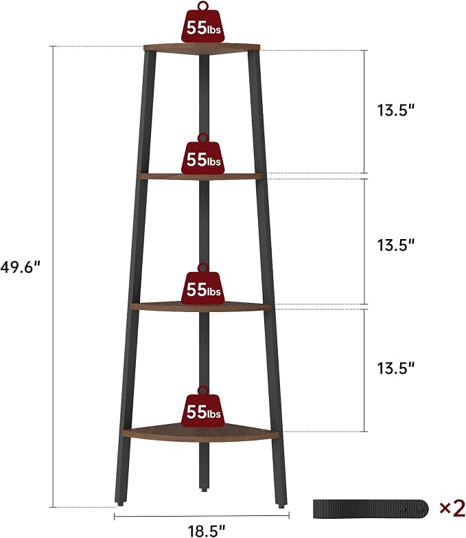Corner Shelf, 4 Tier Ladder Corner Bookshelf, Display and Bookshelf Stand Unit, Anti Tip Feature, Space Saving, Ideal for Plants, Books, Living Room, Bedroom, Walnut