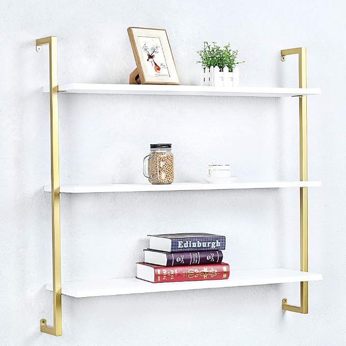 Industrial Metal Wall Shelf,Floating Wood Shelves Wall Mounted,36in Iron Real Wood Book Shelves,3 Tier Bookshelf Shelving