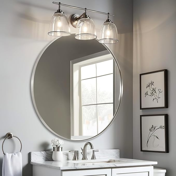 ANDY STAR Silver Round Mirror, 32" Brushed Nickel Bathroom Mirror, Stainless Steel Metal Framed Circle Wall Mirrors, Large Modern Vanity Mirror for Entryway, Living Room