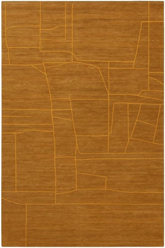 Handmade Wool Area Rug 5x8 ft (60x96 inches), Mustard Abstract Geometric Rug, Modern Minimal Line Pattern Carpet for Living Room Bedroom