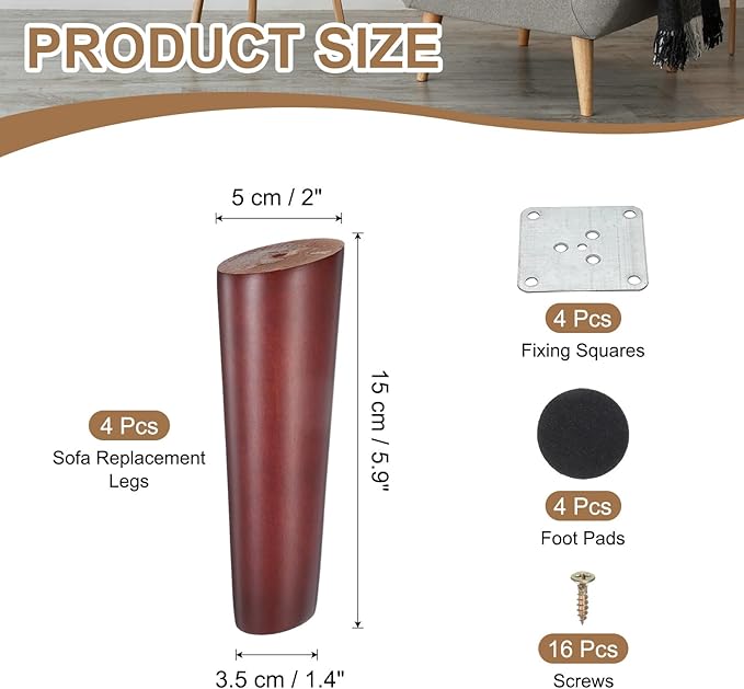 PATIKIL Wood Furniture Legs, 4Pcs 5.9" Tapered Replacement Sofa Leg for Chair Couch Bed Coffee Table Dresser, Red Walnut