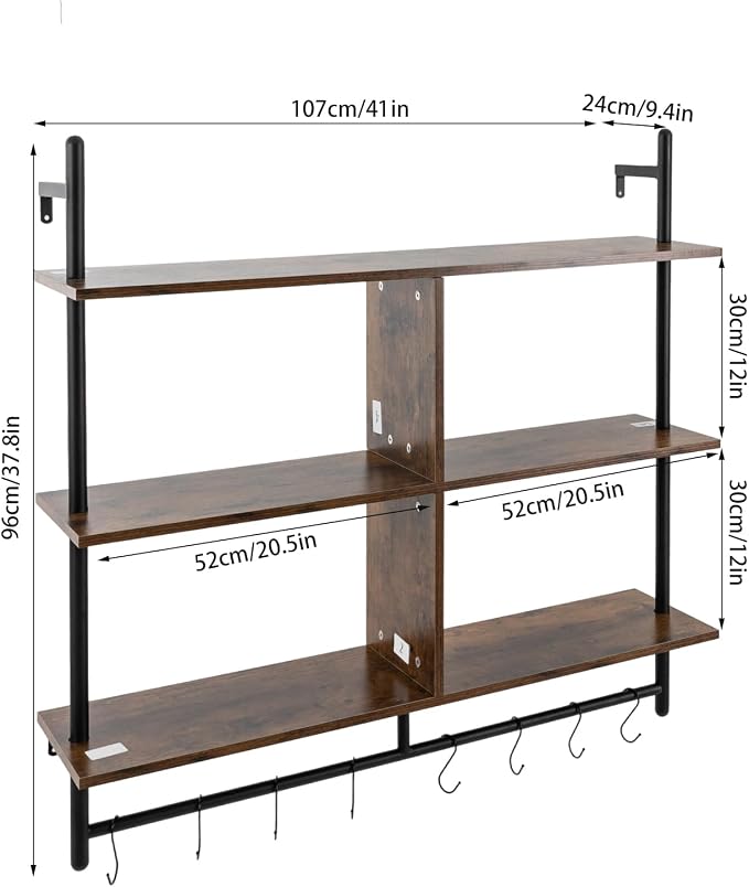 3 Tiers Wood Floating Shelving with Hooks, Industrial Wall Mounted Shelf Modern Wall Shelves Hanging Vintage Display Storage Shelf for Living Room Bathroom Bedroom Kitchen Coffee Bar