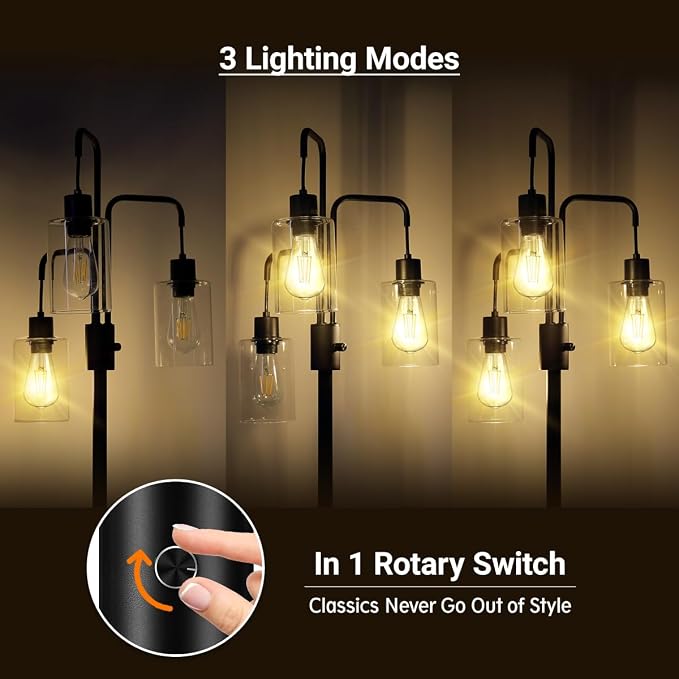 BoostArea Industrial Floor Lamp for Living Room,Glass Lampshade,Modern Stand Up Lamp with 3 Light,Simple Design Floor Lamp for Bedroom, Living Room, Office, Kids Room, Reading