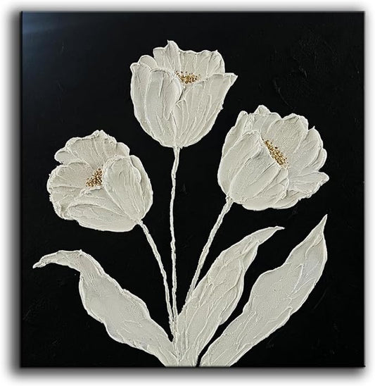 YaSheng Art-Wall Art for Living Room 100% Hand-Painted Flower Oil Painting On Canvas Black and White Thick Texture Minimalist modern Art Gallery Wrapped Framed Floral tulip Blossom Artwork for Home Bedroom 24x24inch