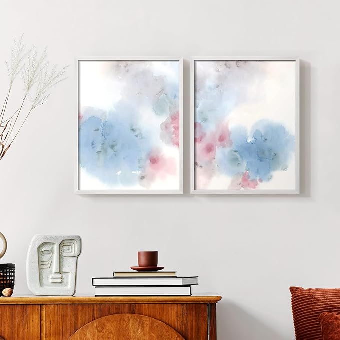 Renditions Gallery Set of 2 Peel & Stick Framed Prints, Watercolor Abstract Wall Art, Cotton Candy Splash Wall Decor, Re-Stickable - Ready to Hang - 11"x14" - White Frame LT588
