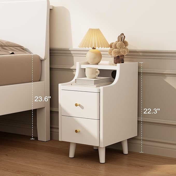 Narrow Nightstand with 2 Drawers,White Nightstand,Bedside Table,Solid Wood Modern Bedside Table for Bedroom,Study,Toilet
