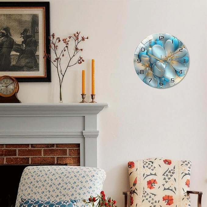 12 Inch Blue Floral Glass Wall Clock Silent Modern Art Decor | Silent glossy wall clock with 3D blue florals and jewel accents, elegantly tracking time for your living room or bedroom
