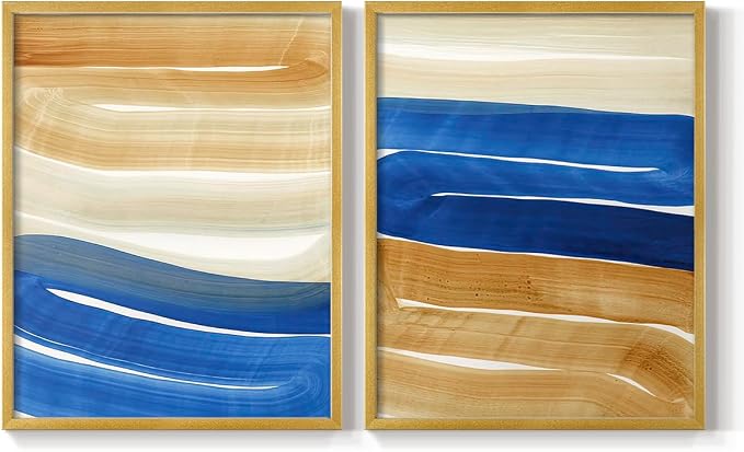 Renditions Gallery Set of 2 Peel & Stick Framed Prints, Abstract Wall Art, Blue and Gold Wave Textured Background Wall Decor, Re-Stickable - Ready to Hang - 8"x10" - GOLD Frame LT588